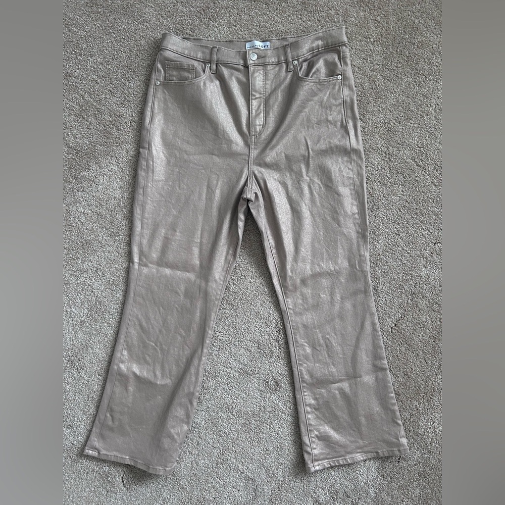 Loft The Kick Crop Gold Metallic Coated Jeans
